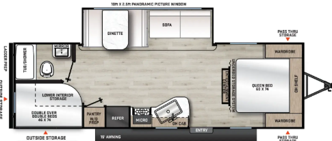 Reference layout: front queen bed, central kitchen opposite a sofa and dinette slide, and rear bunks beside the bathroom.