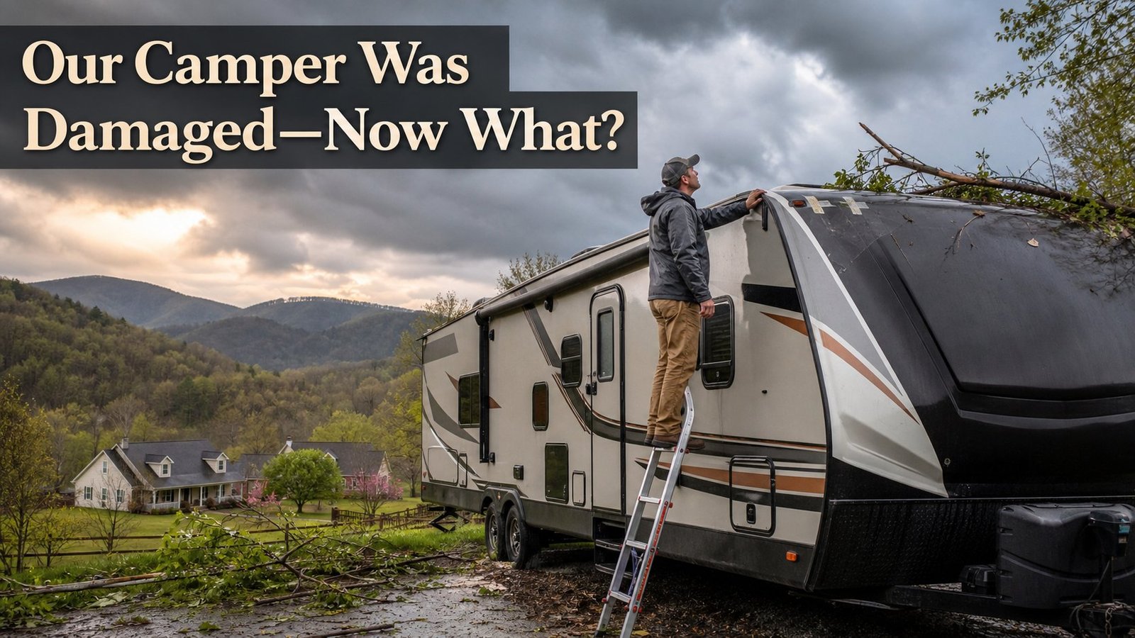Camper owner inspecting minor travel-trailer roof damage after a tree limb fell beside a rural Virginia property