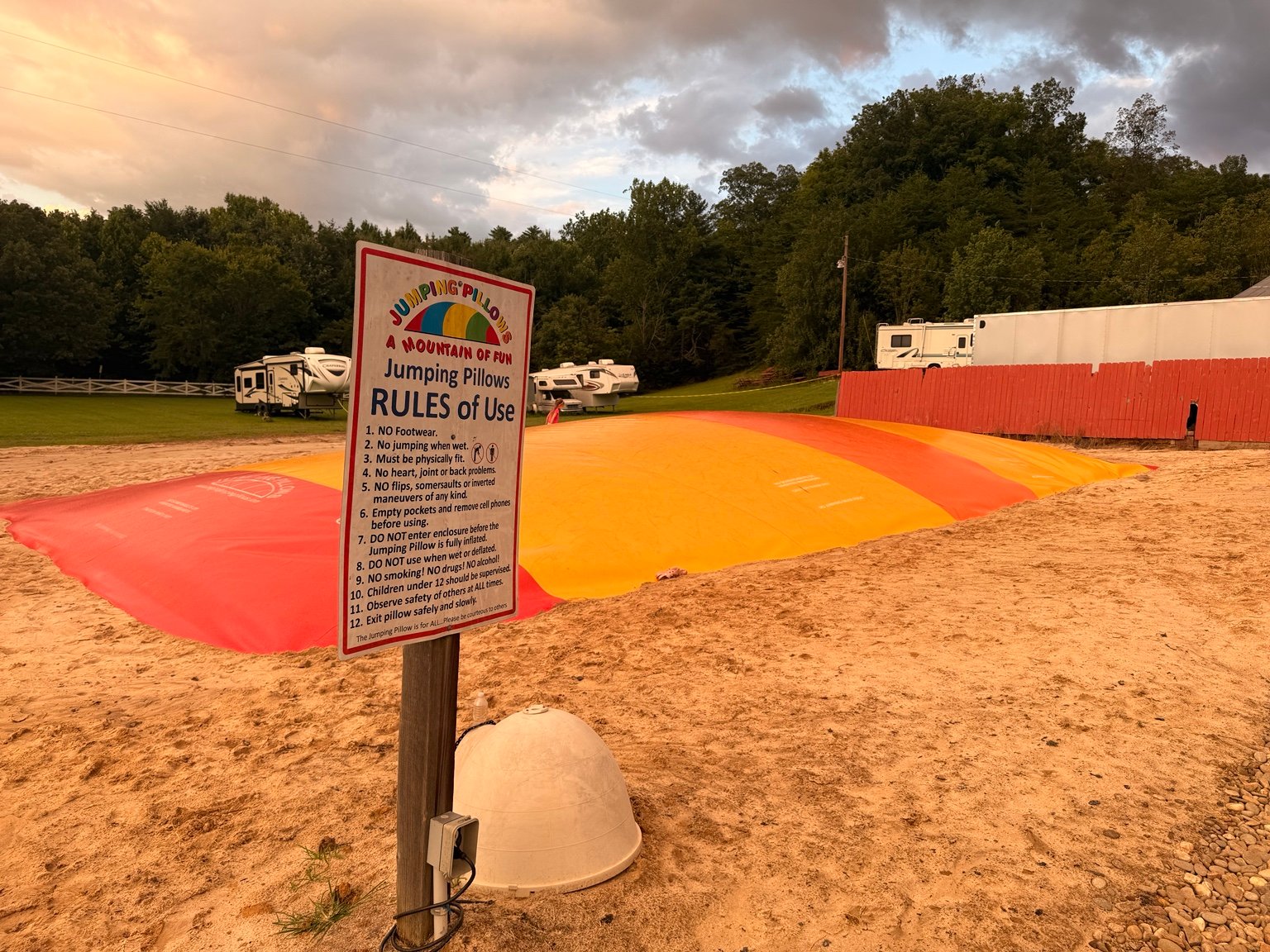 Large jumping pillow at Clabough's Campground appearing low during the family's visit.
