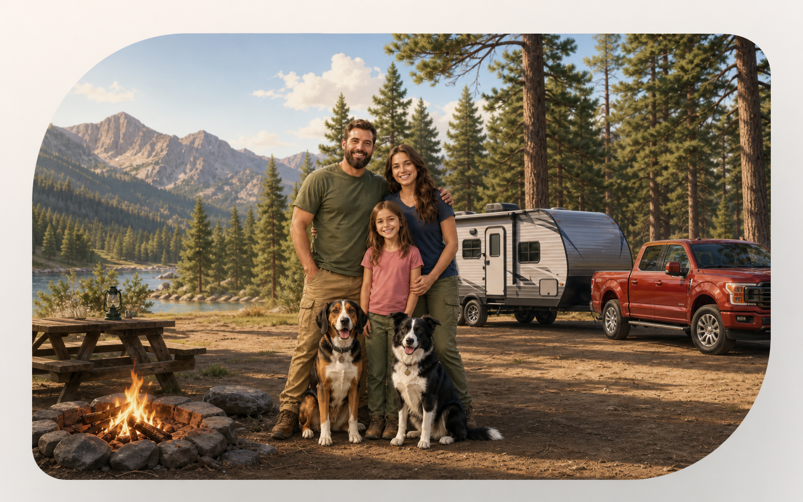 RV Fam Adventure family and dogs at a mountain-lake campsite with their travel trailer properly hitched behind the red truck