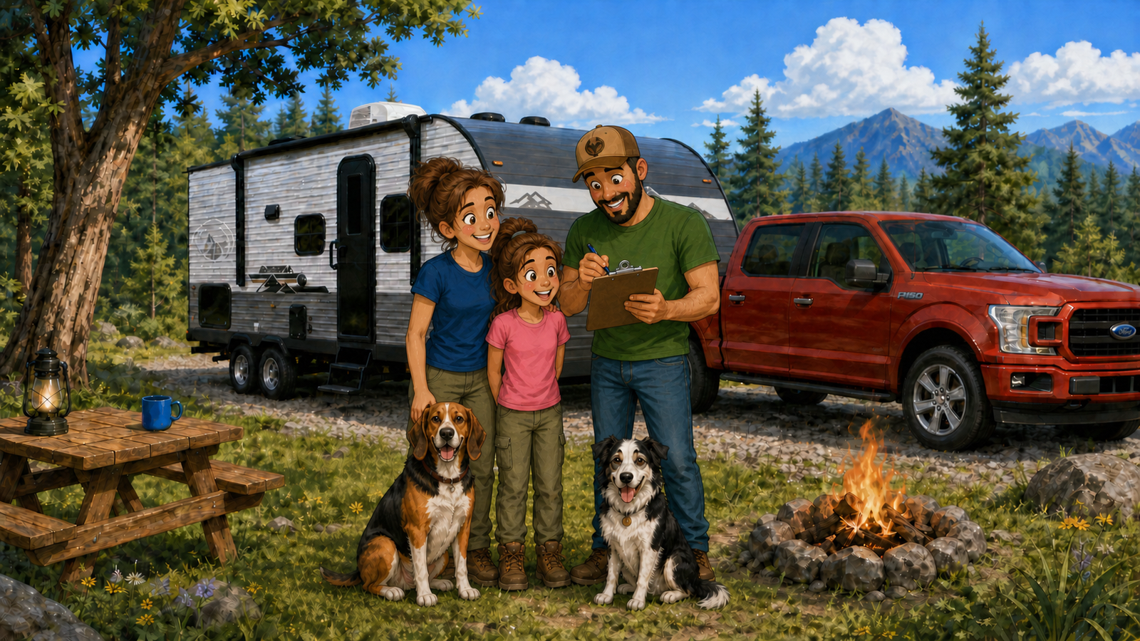RV family reviewing trip costs beside their camper