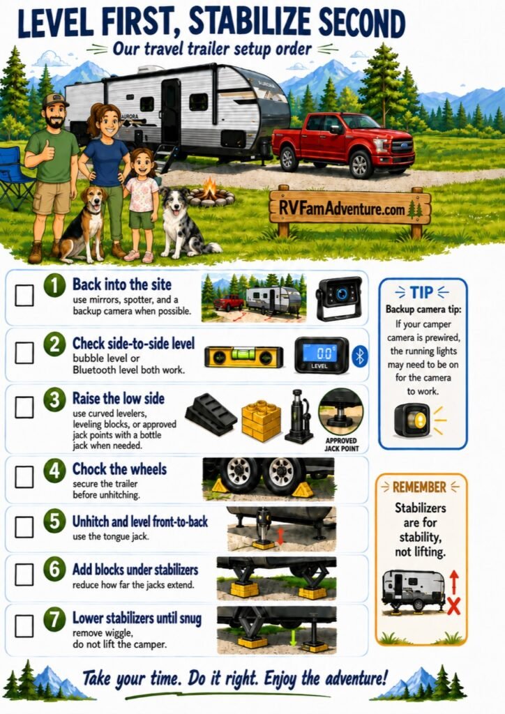 Illustrated travel-trailer setup checklist showing backing into the site, side-to-side leveling, wheel chocking, tongue-jack leveling and stabilizer use.
