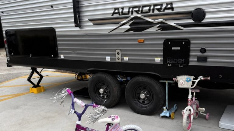 RV Fam Adventure travel trailer and bicycles at Ocean Lakes