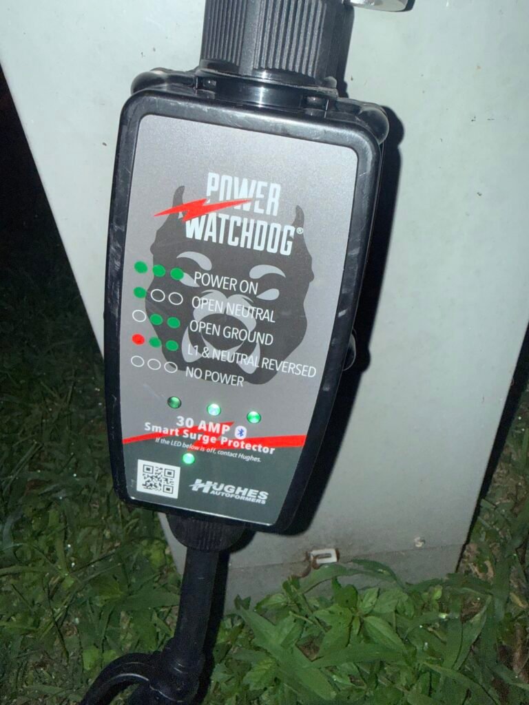 Our Hughes Power Watchdog 30-amp Bluetooth surge protector connected to a campground power pedestal