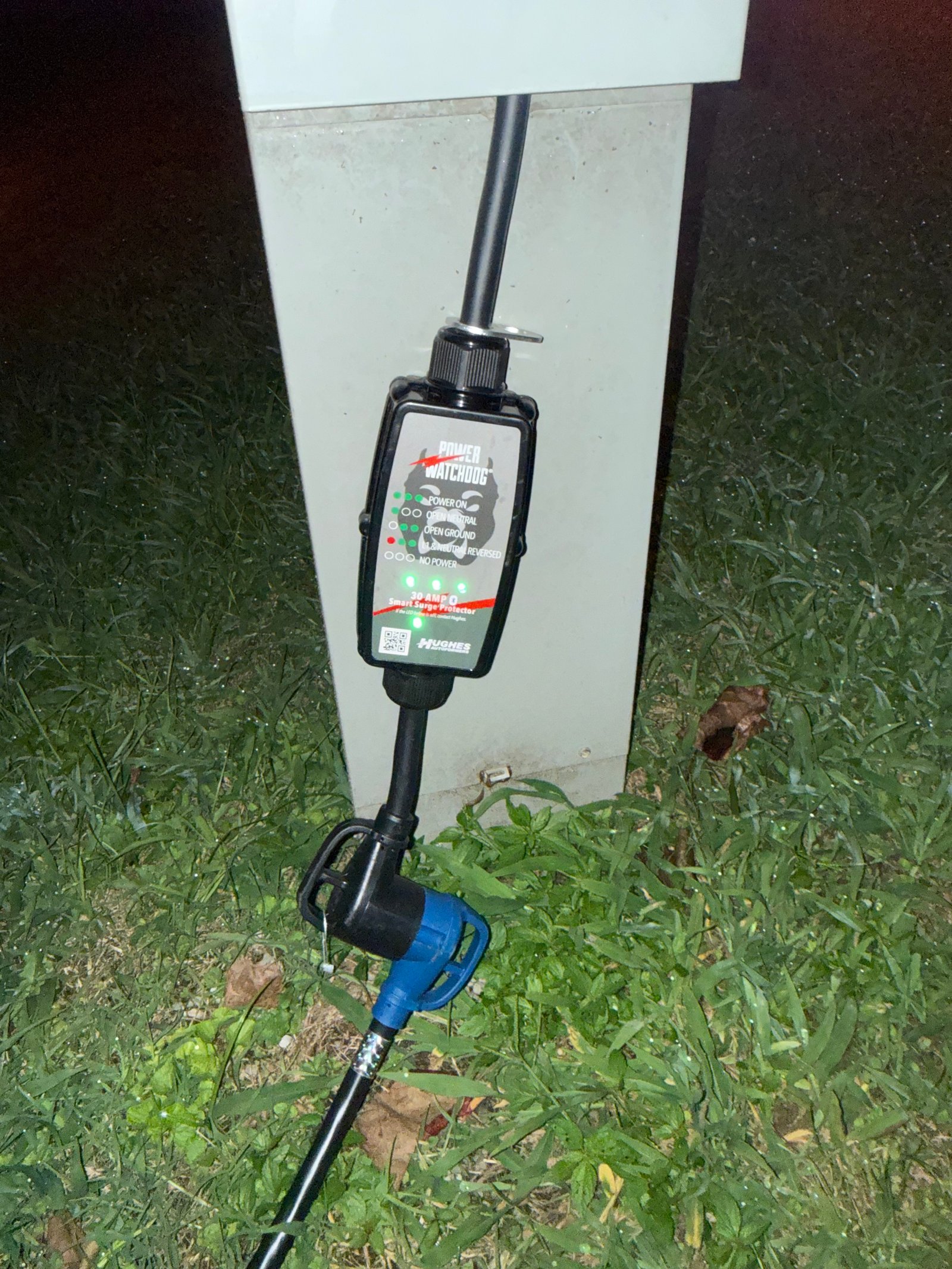 Our 30-amp Power Watchdog surge protector connected at the campground pedestal