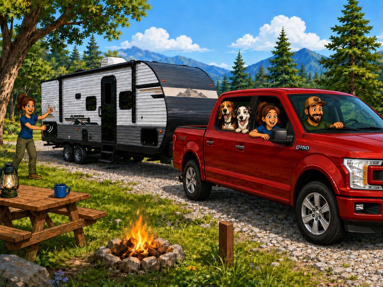 Jason backing the family travel trailer while Sami guides from a visible position