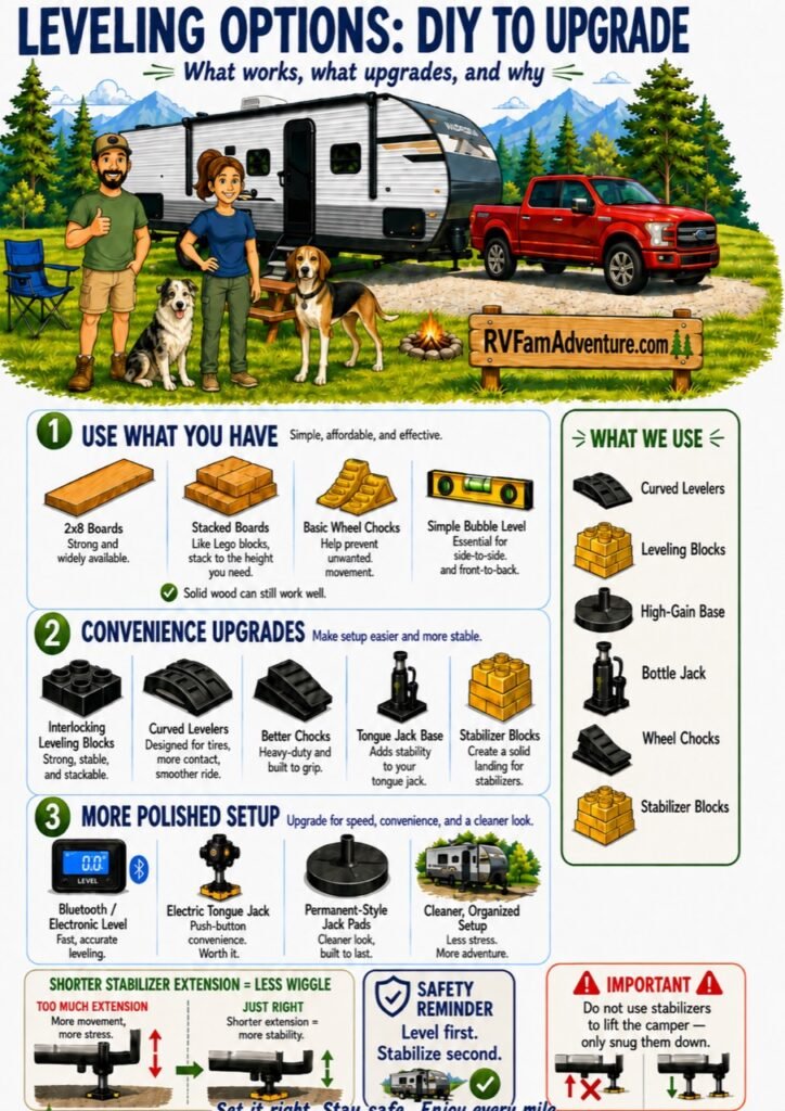 Illustrated comparison of wooden boards, leveling blocks, curved levelers, electronic levels, jack pads and stabilizer equipment.