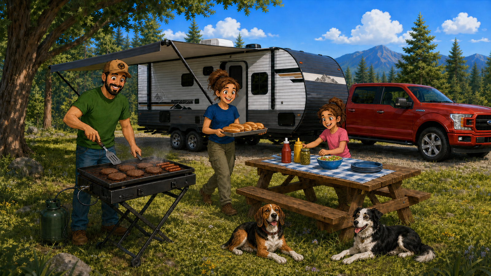 Jason grills burgers and hot dogs while Sami and Lily prepare the campground picnic table beside the Aurora camper, with both dogs nearby.