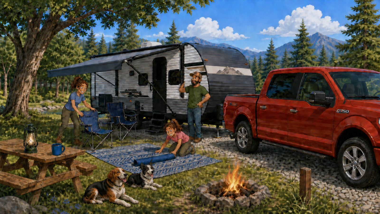 Family setting up a travel trailer at a campsite