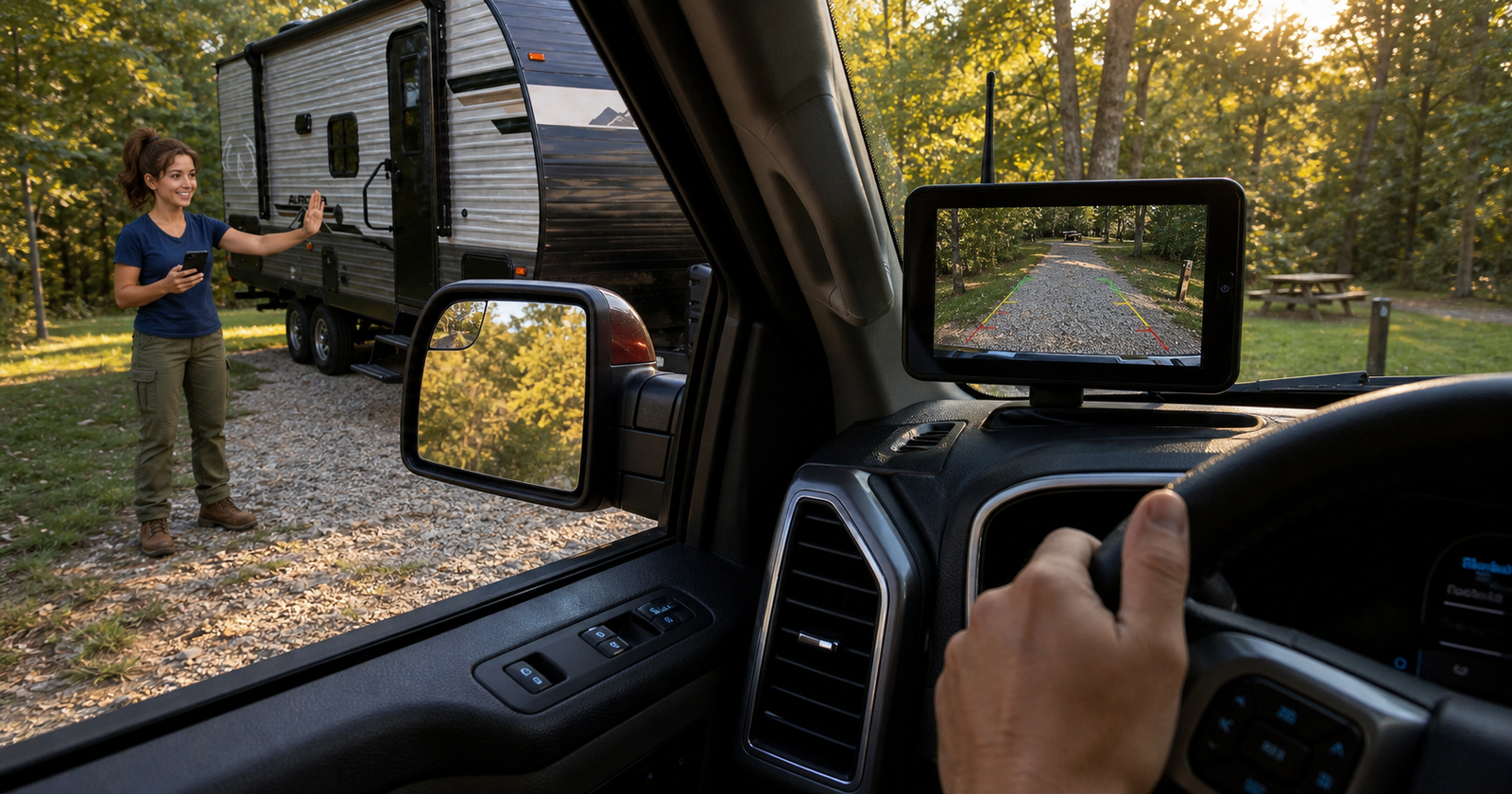 View from the driver seat showing a visible spotter, tow mirror, and backup-camera screen.