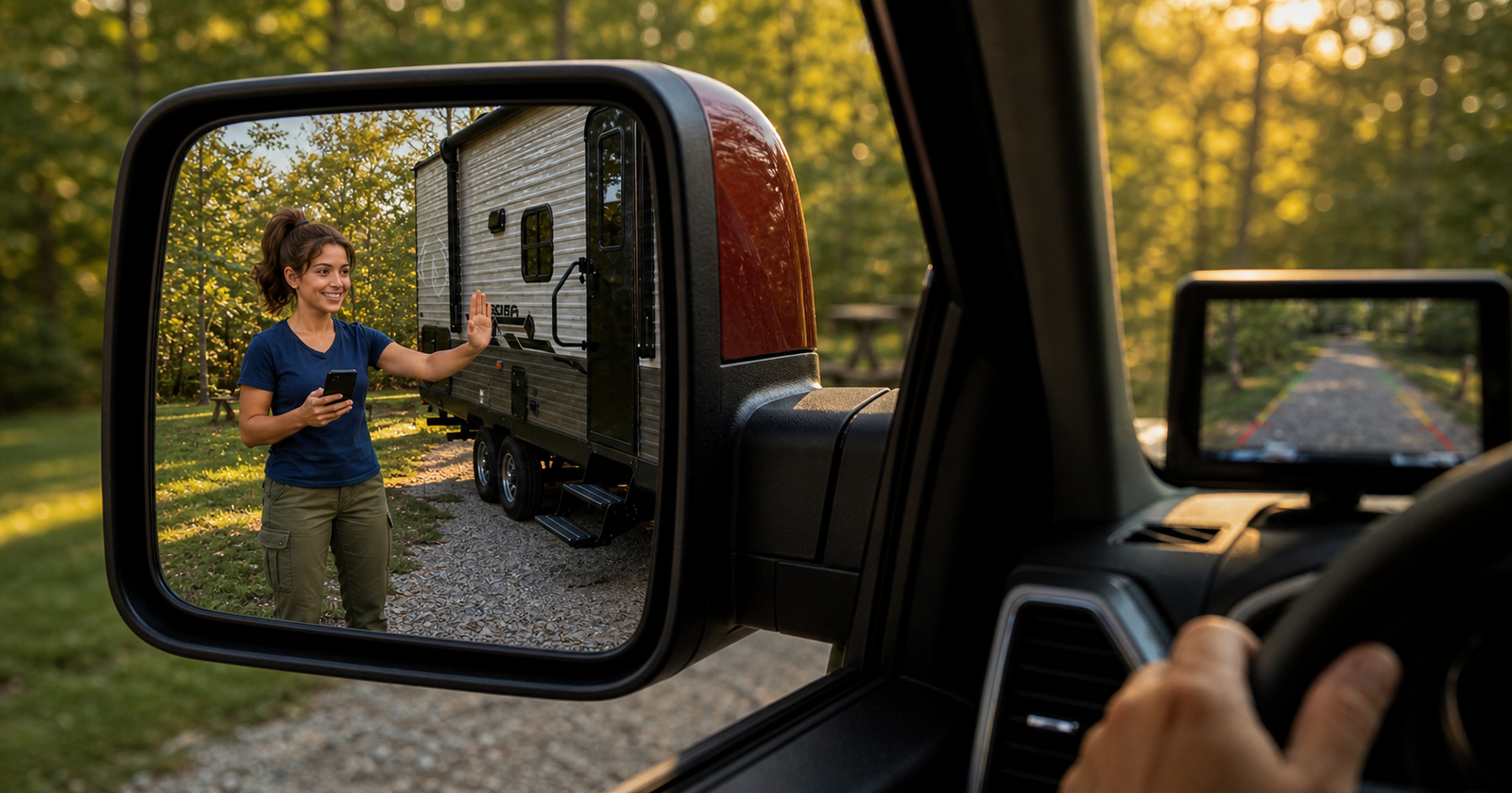 Sami visible in the tow-vehicle mirror while holding a phone and giving a stop signal.